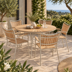 Moderne Ella haves�t � �130 cm teakbord med 5 sandfarvede stabelstole