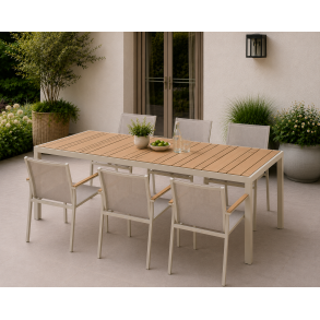 Moderne Fiona havem�bels�t � Havebord 205x90 cm & 6 Stabelstole med Teak-look