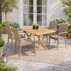 Simone set om 4 delar. UV-skyddade staplingsstolar + snygg rect. bord i teak med plats f�r 4-6 pers.