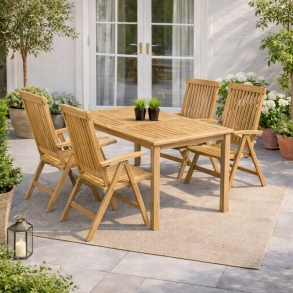 Teaks�t med fast massivt bord str. 90x150 cm. Inkl. 4 stk. 5- pos. stole med h�j Model: Liverpool.