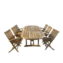 Silver teak st med 6 stole + bord 100x180-240 cm med tillgsplade. Jepara Teakst. 