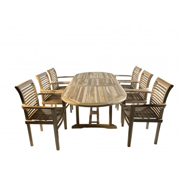 Stort havem�bels�t i silver teak med ovalt udtr�ksbord (6pers) Model: Bounty/Lombok