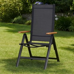 Irene havem�bels�t - Elegant �113 cm rundt havebord i teaklook med 4 positionsstole med justerbar ryg