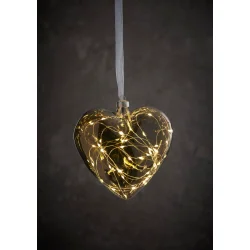 Hjerteformet glaskugle - M/40LED 14CM M/TIMER T/BATTERI STEMNINGSFULDT JULEPYNT!! 