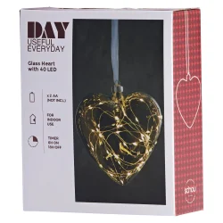 Hjerteformet glaskugle - M/40LED 14CM M/TIMER T/BATTERI STEMNINGSFULDT JULEPYNT!! 