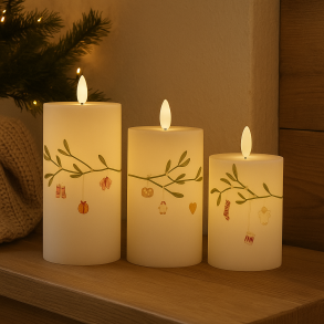 Jules�t � 3 LED bloklys m. motiv af mistelten - Inkl. fjernbetjening - Timer - 3D flamme