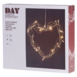 Hyggelig hjertekrans 35 cm med 40 varme hvide LED lys og timer samt 5 m ledning