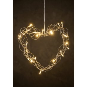 Hyggelig hjertekrans 35 cm med 40 varme hvide LED lys og timer samt 5 m ledning