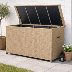 100 % vandt�t hyndeboks med hjul. UV-beskyttet polyrattan. str. 133x54XH63 cm:  - v�lg farve Natur