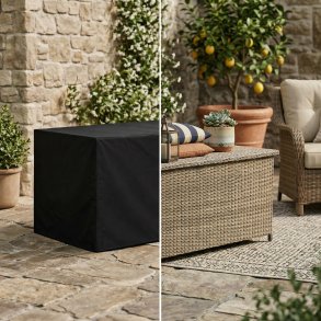 Pakkeprodukt: 100 % vandt�t hyndeboks i cappuccino til solvogns- og loungehynder INKL. UV beskyttet og vandt�t overtr�k i sort.