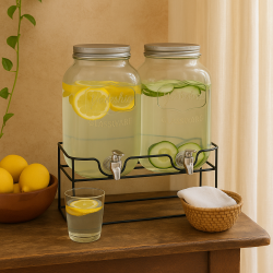 Stilren og praktisk saftdispenser med tappehane 2 x 4L klare glasbeholdere med sort metalstativ