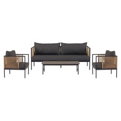 Komfortabelt vedligeholdelsesfrit loungest med sofa, to stole og bord