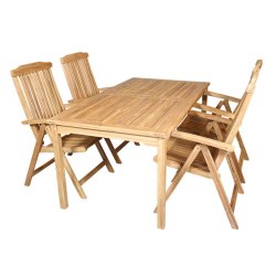 Teakst med fast massivt bord str. 90x150 cm. Inkl. 4 stk. 5- pos. stole med hj Model: Liverpool.