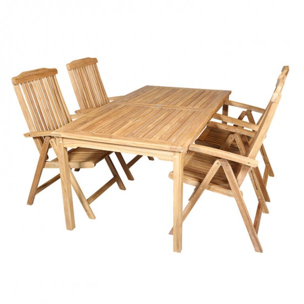 Teakst med fast massivt bord str. 90x150 cm. Inkl. 4 stk. 5- pos. stole med hj Model: Liverpool.