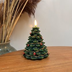 LED vokslys formet som juletr� med 3D flamme - H14 cm - Fjernbetjening medf�lger!