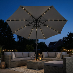 LYS-SOLCELLE parasol med HELE PAKKEN! �3m, LED-lys, krank og tilt - v�lg farve! Model: Felix