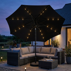 LYS-SOLCELLE parasol med HELE PAKKEN! �3m, LED-lys, krank og tilt - v�lg farve! Model: Felix