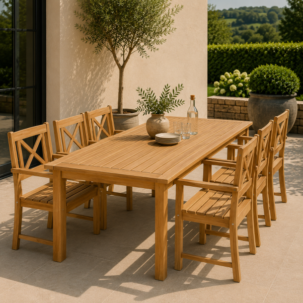 Leah Havem�bels�t med 6 Massive Teakstole &amp; Teakbord 210 cm