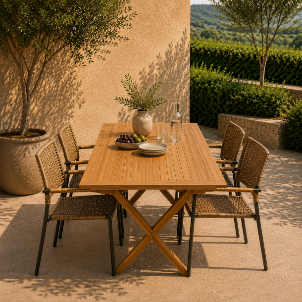 Lili Havem�bels�t � Gold Teak Bord &amp; 4 UV-Beskyttede Stabelstole Cappuccino farvet