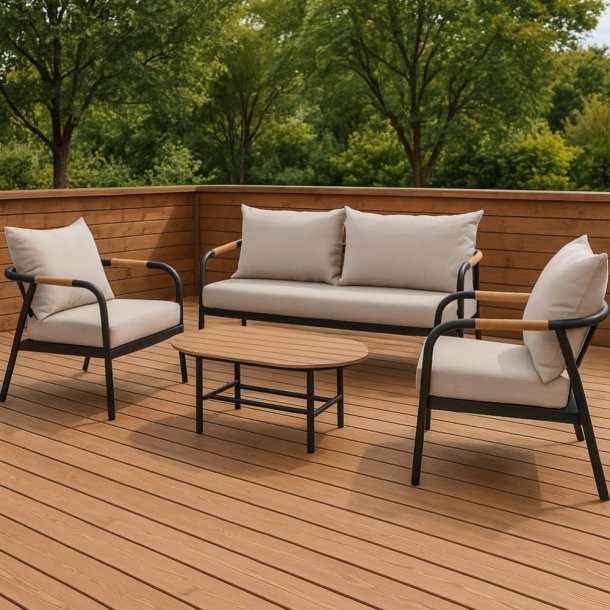 Vedligeholdelsesfrit loungest med bord, sofa, og to stole inkl. hynder - Natur/teak/sort