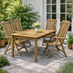 Tr�dg�rdsm�belset med klassiskt rektangul�rt tr�dg�rdsbord och positionsstolar (4 pers) Modell: Java