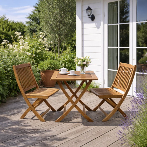 Cafes�t med 2 stk. foldestole uden arml�n. BOSTON GOLD TEAK