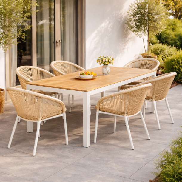 Havem�bels�t � Vedligeholdelsesfrit Havebord 205x90 cm &amp; 6 Komfortable Havestole i Aluminium og Rattanlook med hynder