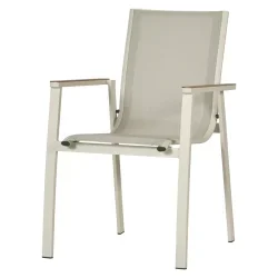 Zenia caf�s�t - Stilrent caf�s�t med 70x70 caf�bord i sandfarvet aluminium og nonwood og 2 stabelbare stole i lys gr� aluminium og textilen�
