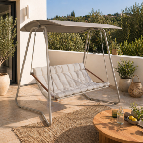 Luksuri�s Emma h�ngesofa med soltag og tykke hynder � rummelig 2-personers komfort i stilrent design