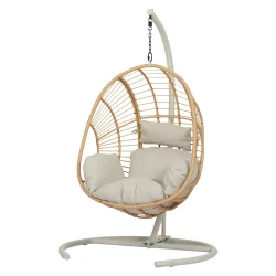Elegant h�ngestol i UV-beskyttet rattanlook med bl�d hynde og stativ � komfortabel loungestol til inde og ude i stilrent design