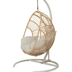 Elegant h�ngestol i UV-beskyttet rattanlook med bl�d hynde og stativ � komfortabel loungestol til inde og ude i stilrent design