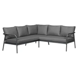 Moderne hj�rnesofa lounges�t i aluminium med bl�de vejrbestandige hynder og stilrent glasbord