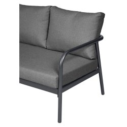 Moderne hj�rnesofa lounges�t i aluminium med bl�de vejrbestandige hynder og stilrent glasbord