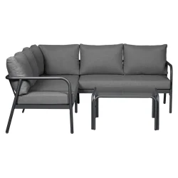 Moderne hj�rnesofa lounges�t i aluminium med bl�de vejrbestandige hynder og stilrent glasbord