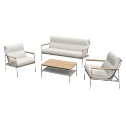Moderne lounges�t med sofa, 2 stole og bord i aluminium med tr�look og komfortable hynder