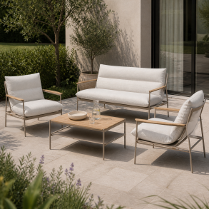 Moderne lounges�t med sofa, 2 stole og bord i aluminium med tr�look og komfortable hynder