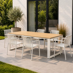 Lily Havem�bels�t i hvid med 6 Stabelbare Vedligeholdelsesfrie Havestole og Rummeligt Havebord til Terrasse og Have