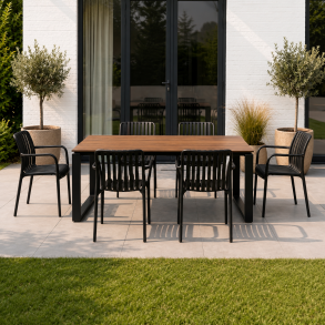 Lily Havem�bels�t i sort med 6 Stabelbare Vedligeholdelsesfrie Havestole og Rummeligt Havebord til Terrasse og Have