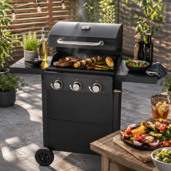 DANGRILL 3-Br�nder Gasgrill � Kraftfuld Gasgrill med Sideborde og Underskab