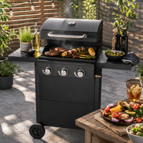 DANGRILL 3-Br�nder Gasgrill � Kraftfuld Gasgrill med Sideborde og Underskab
