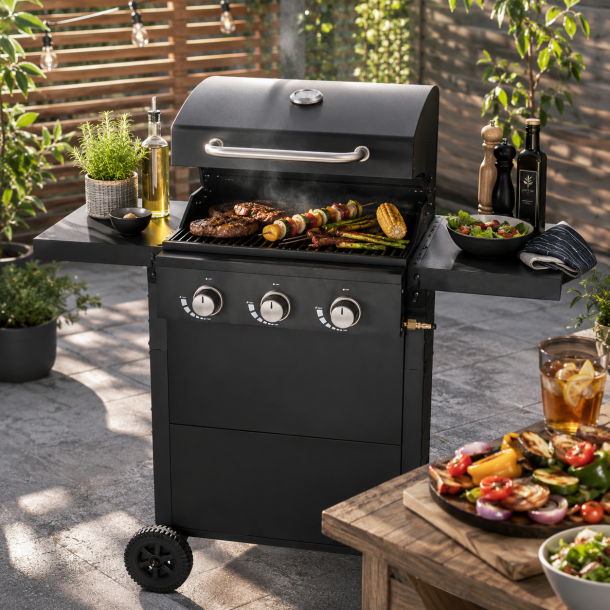 DANGRILL 3-Br�nder Gasgrill � Kraftfuld Gasgrill med Sideborde og Underskab