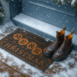 Juledrmtte udendrs af gummi - str. 45 x 75 cm. Drmtten er slidstrk og tler regn, slud og sne.