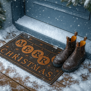 Juledrmtte udendrs af gummi - str. 45 x 75 cm. Drmtten er slidstrk og tler regn, slud og sne.