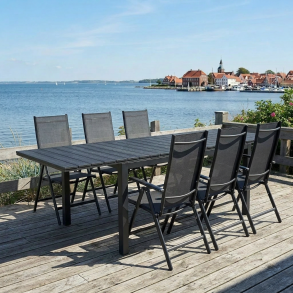 Marlene s�t. Vedligeholdelsesfrit s�t, havebord med udtr�k og 6 positionsstole - Sort