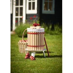 Saft/frugtpresser i naturligt egetr og robust stl. Manuel betjent, imponerende og effektiv 