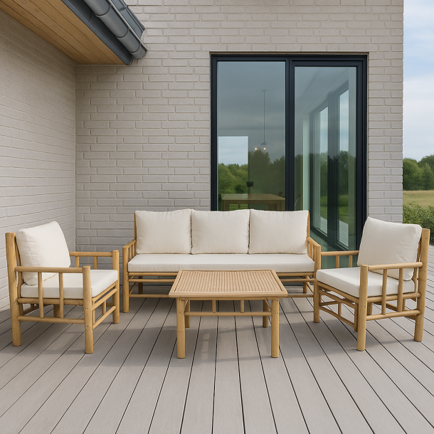 Komplet Bambusst: Sofa, Bord og Hynder - Komfort og Naturlig Elegance