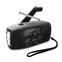 Multifunktionel ndradio med batteri, solceller, hndsving, powerbank og lygte  Sort
