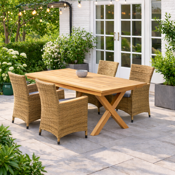 Californien familie s�t i goldteak med 4 stole i UV-beskyttet polyrattan - 4-10 personer