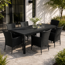 Sort vedligeholdelsesfrit haves�t 6 stole, og bord med udtr�k - UV-beskyttet polyrattan. Model Sofus