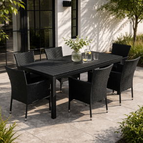 Sort vedligeholdelsesfrit haves�t 6 stole, og bord med udtr�k - UV-beskyttet polyrattan. Model Sofus